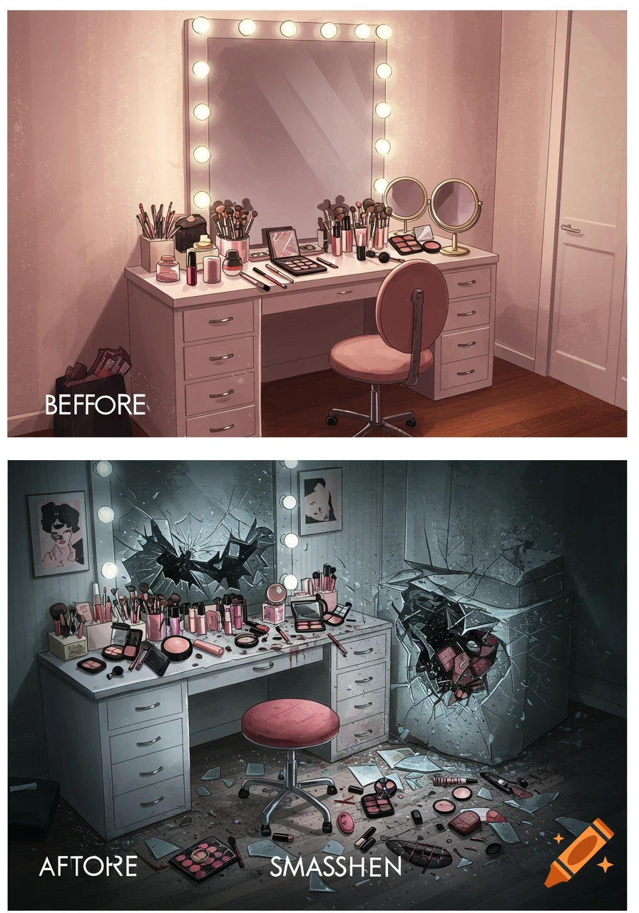 Stylized illustration of a makeup vanity before and after being smashed.