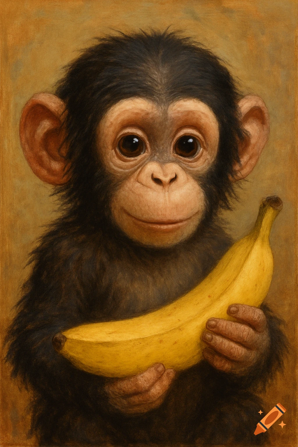 A close-up portrait of a baby chimpanzee holding a banana.