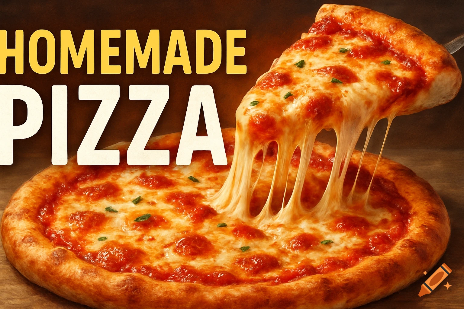Slice being lifted from a cheesy pizza with text 'HOMEMADE PIZZA'