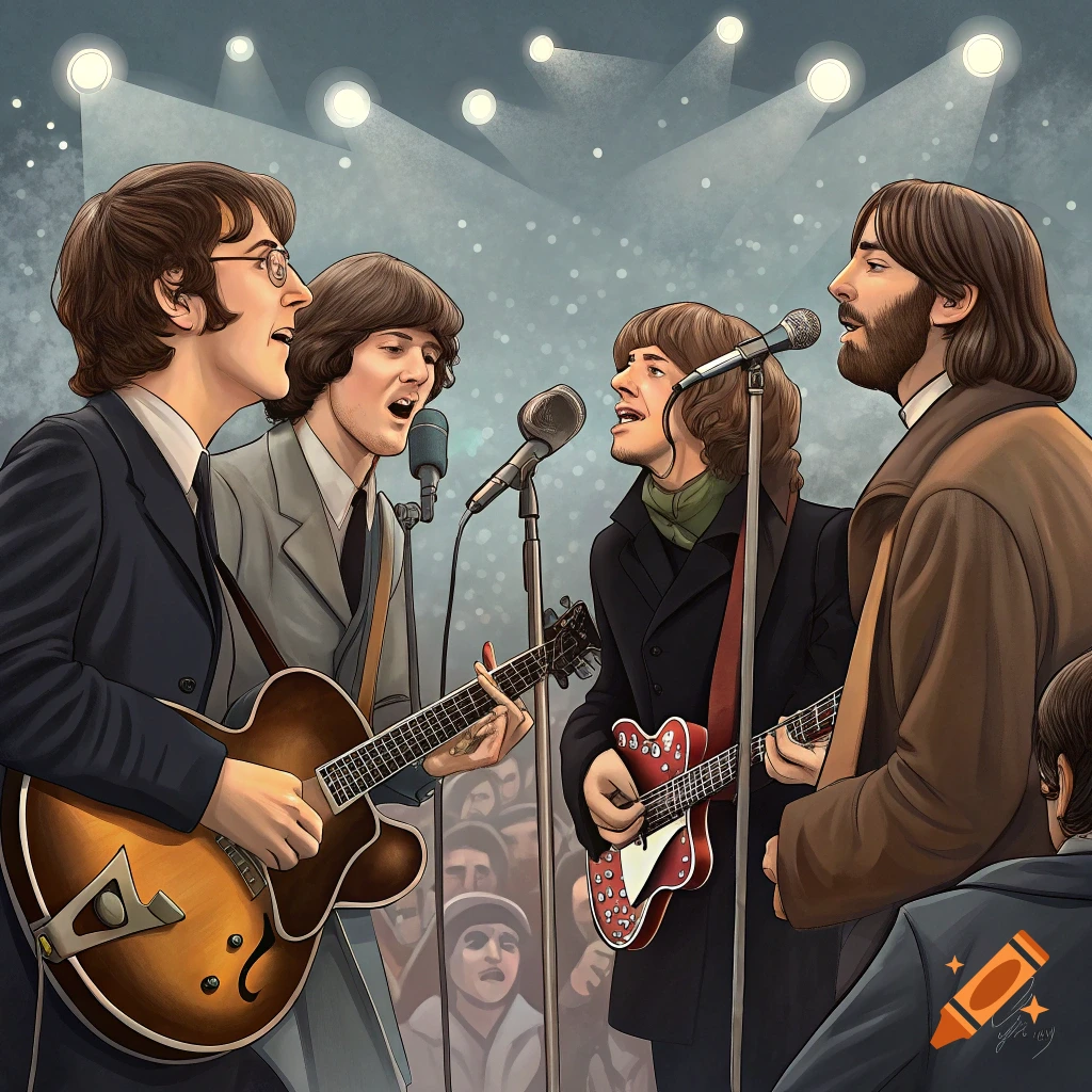 Illustration of musicians on stage playing guitars and singing under spotlights.