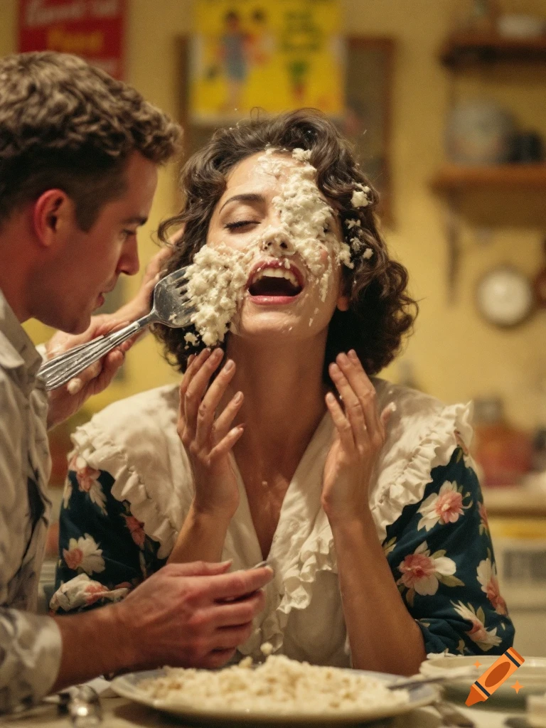 Man puts pie on a woman's face with a fork, both laughing, photorealistic