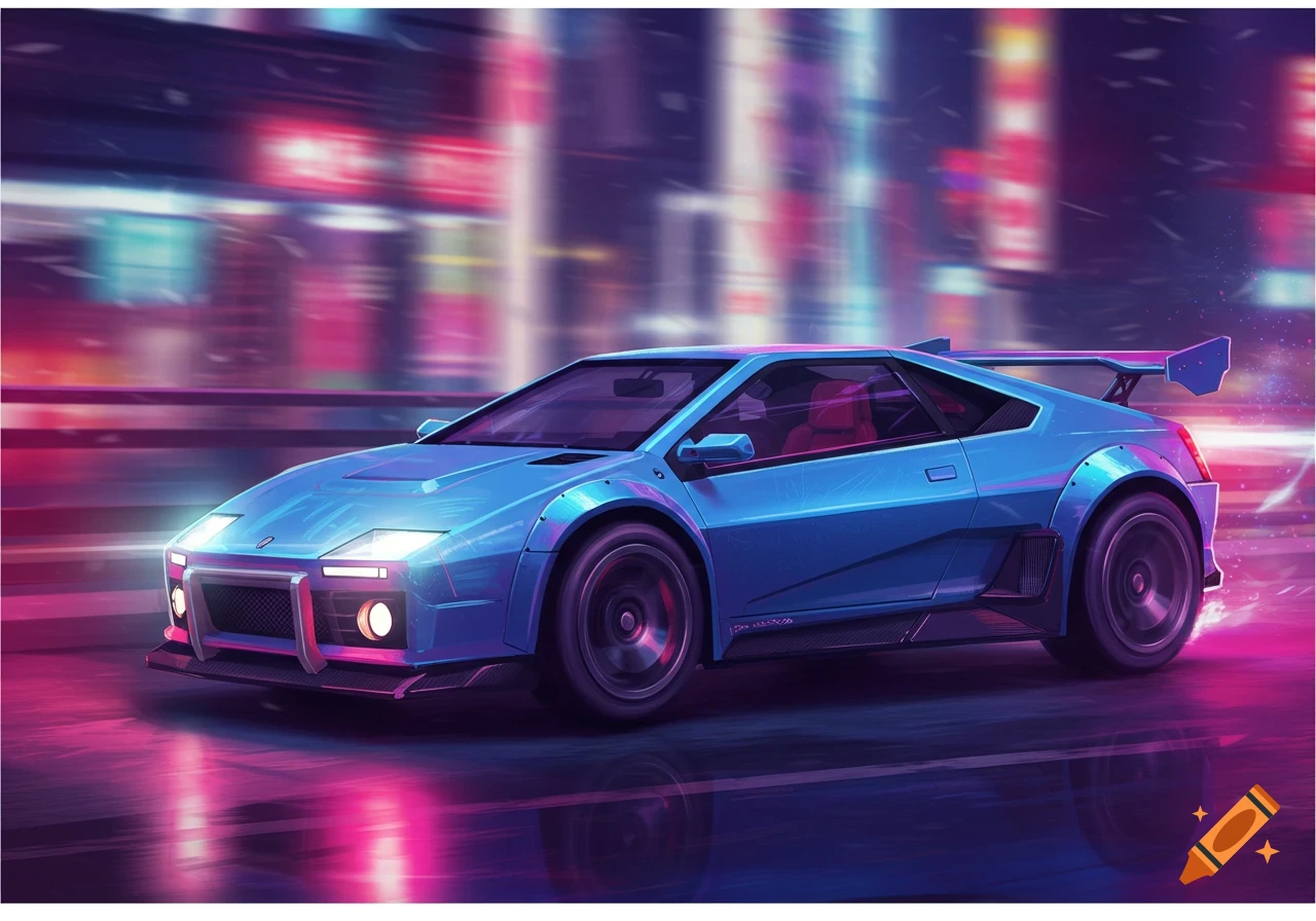 A blue futuristic sports car drives through a neon-lit city street at night, in a synthwave art style.