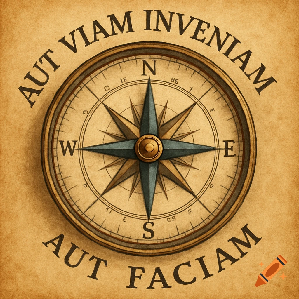 Vintage compass on aged paper with text 'AUT VIAM INVENIAM AUT FACIAM'.