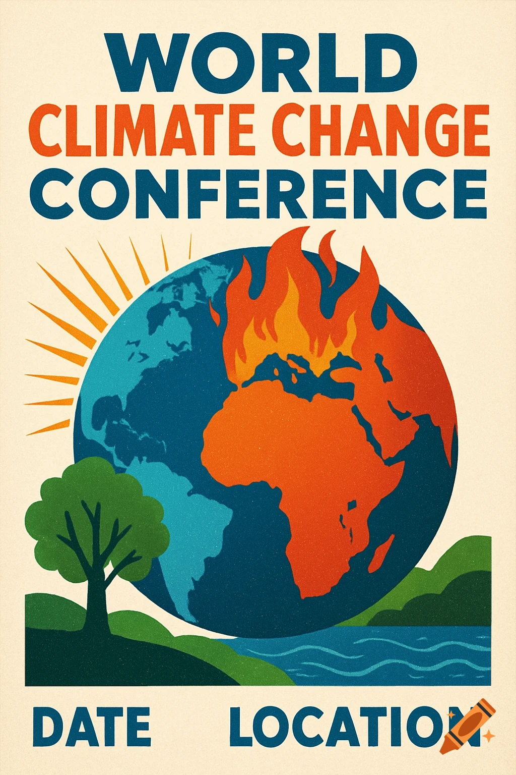 Poster for a world climate change conference showing the Earth burning, sun, tree, and water.