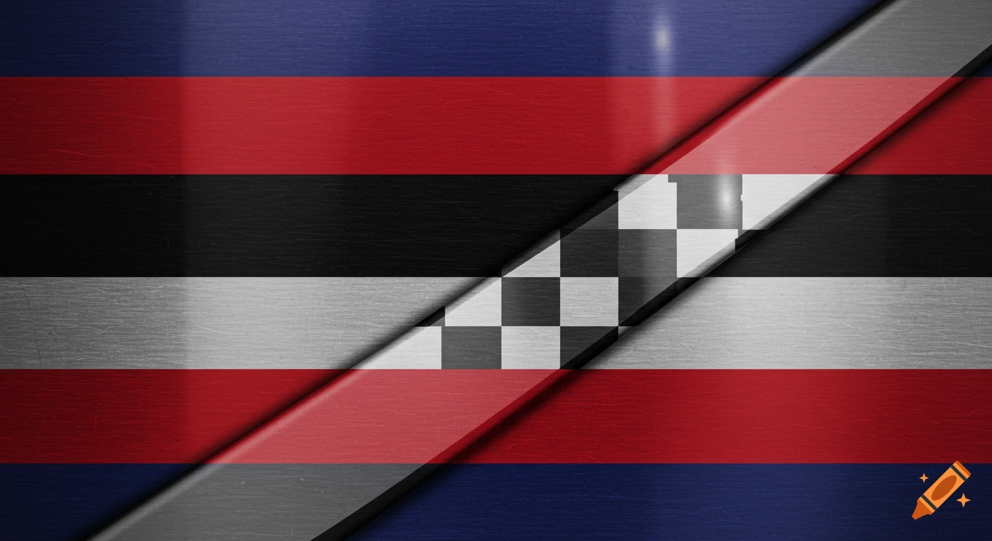 Abstract background with blue, red, black, and grey stripes intersected by a diagonal checkered pattern and metallic texture.