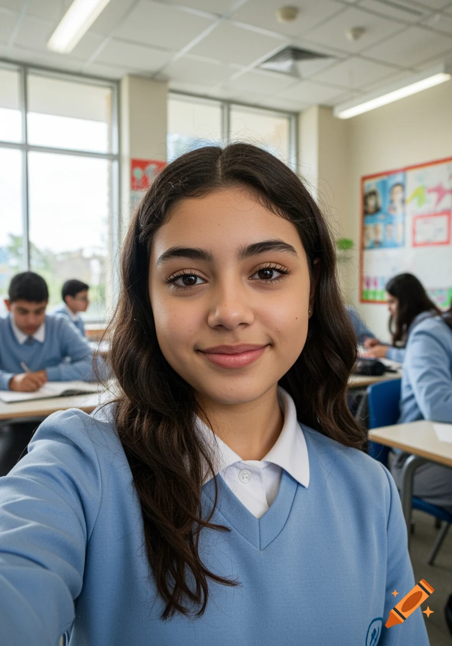 Young woman in blue school uniform takes a selfie in a classroom