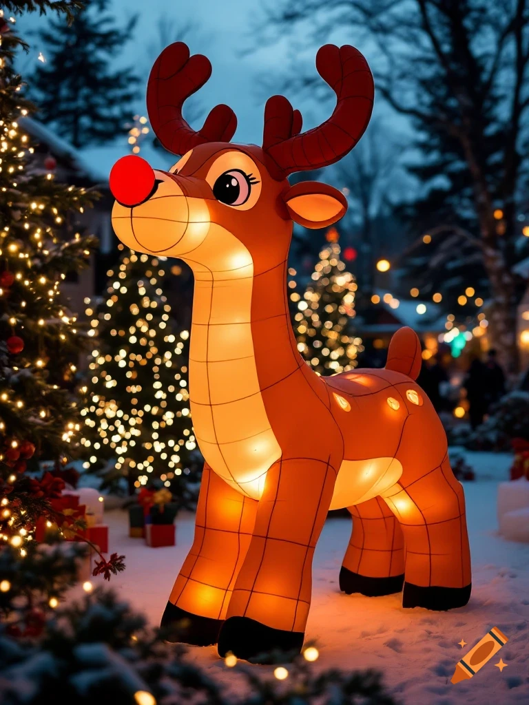 Inflatable Rudolph decoration outside at night with Christmas lights and snow.