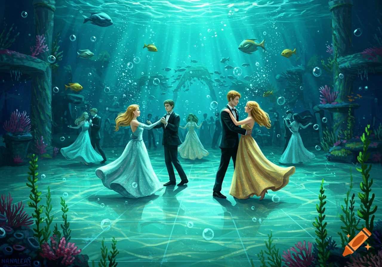 People dance in a ballgown and tuxedo on the floor of an underwater ballroom with fish and coral.
