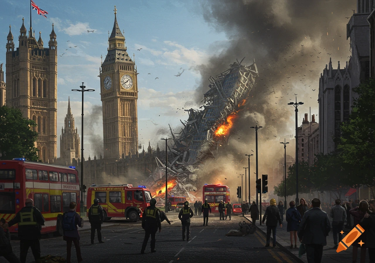 Photorealistic image of Big Ben and Houses of Parliament with a collapsing building, smoke, fire, and emergency vehicles.