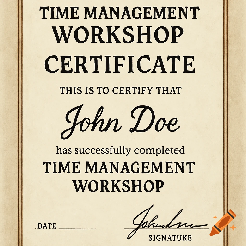 A certificate for a Time Management Workshop awarded to John Doe.