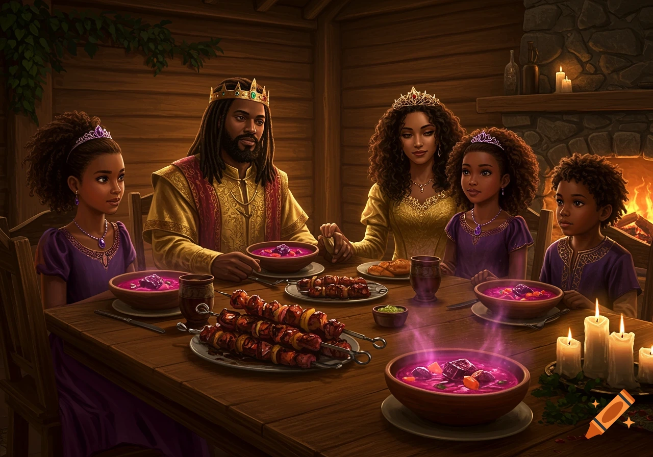 A royal Black family of five eats dinner at a table in a cozy room with a fireplace, glowing soup, and meat skewers.