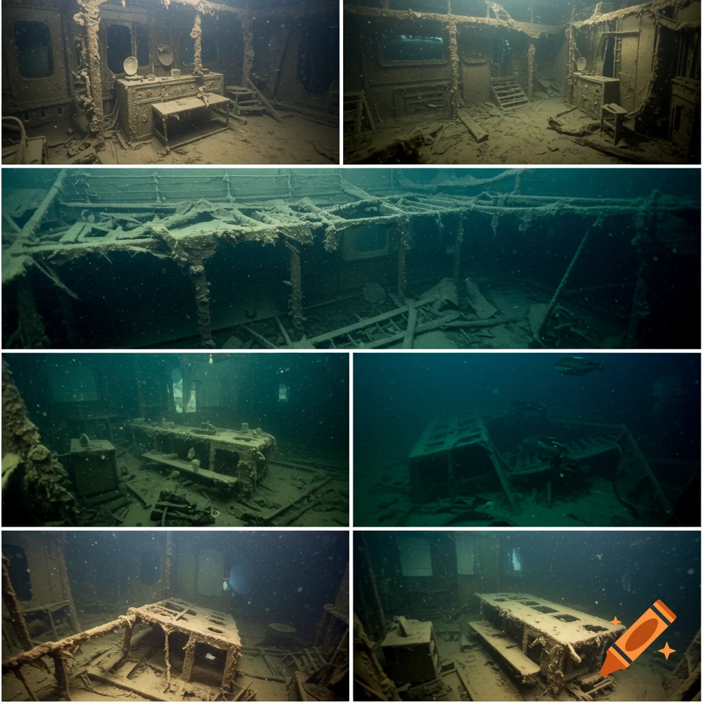 Interior views of a decaying shipwreck, showing furniture and structure on the seafloor.