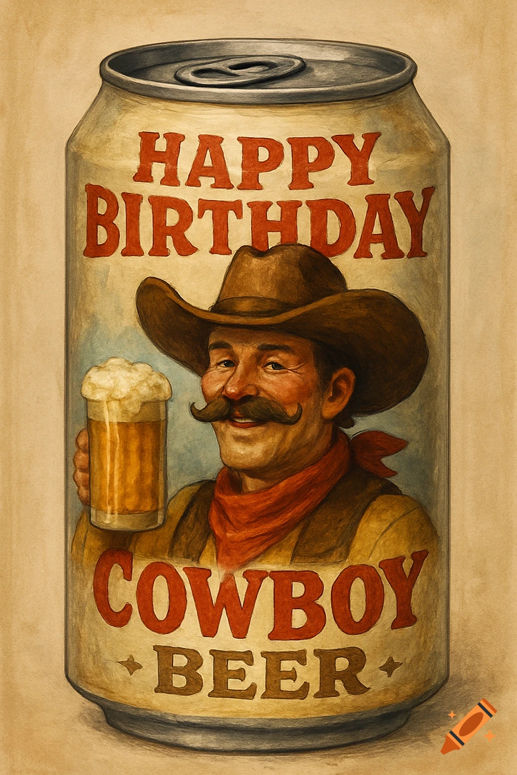 Illustration of a beer can label featuring a cowboy holding a glass of beer and the text "HAPPY BIRTHDAY COWBOY BEER".