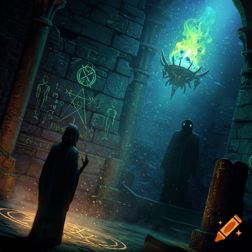 Dark fantasy art of robed figures in a dark temple with glowing symbols and a floating artifact.