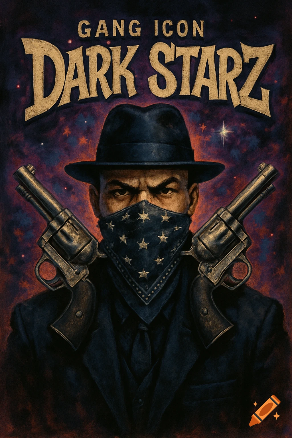 Stylized illustration of a man in a fedora and bandana holding two revolvers, with text 'GANG ICON DARK STARZ' above.