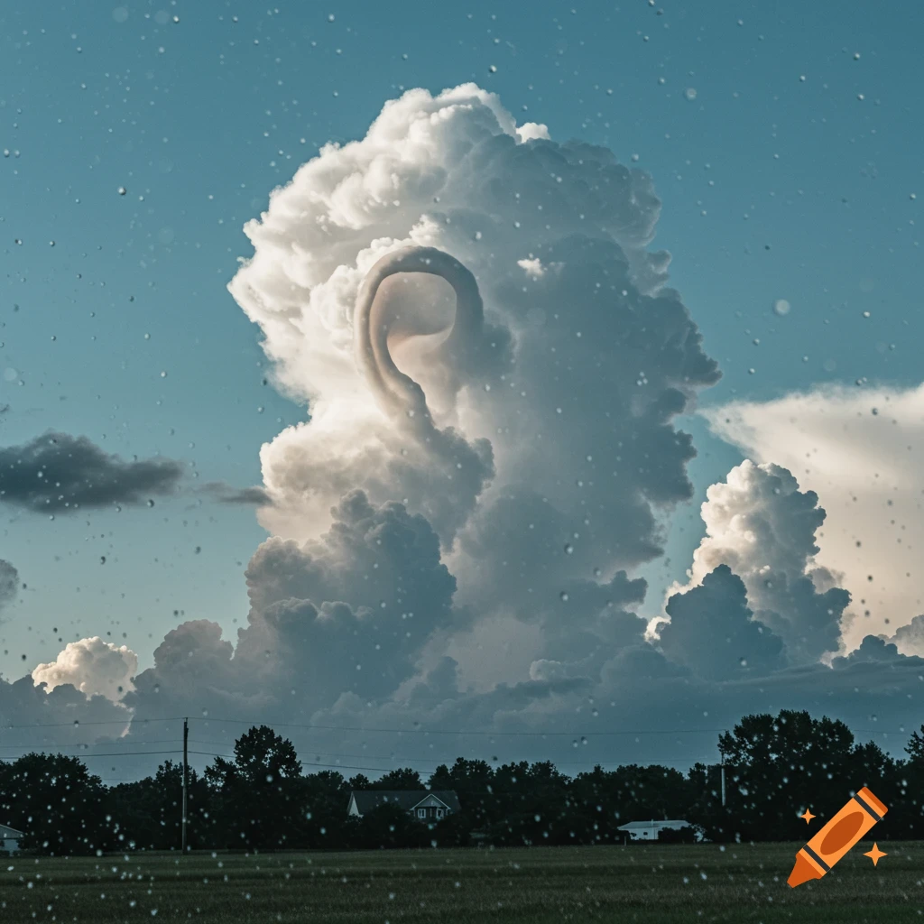 Photorealistic landscape with a giant ear-shaped cloud