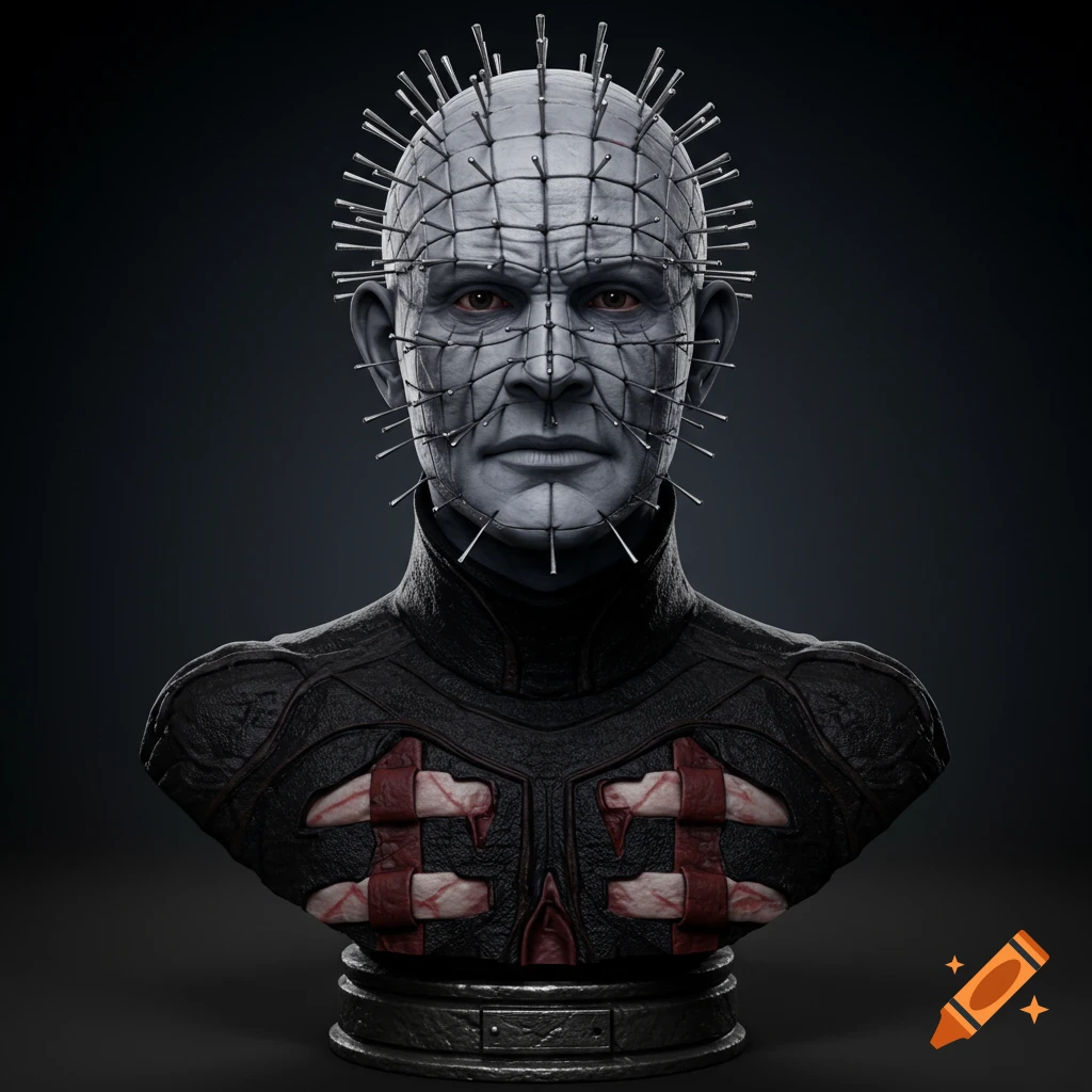 3D render of a bust of Pinhead with pins in his head and a dark outfit.