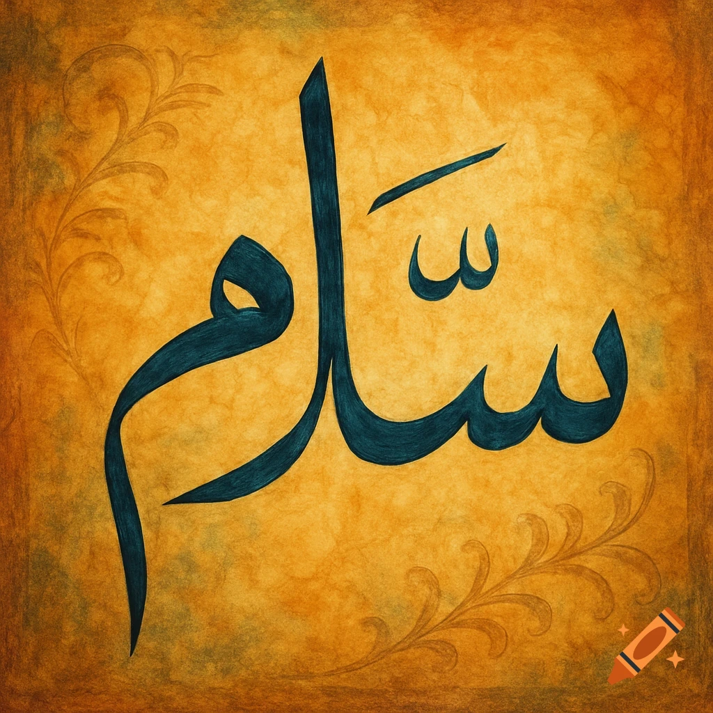 Arabic calligraphy of the word 'Salam' (Peace) in blue on a textured orange background with faint floral patterns.