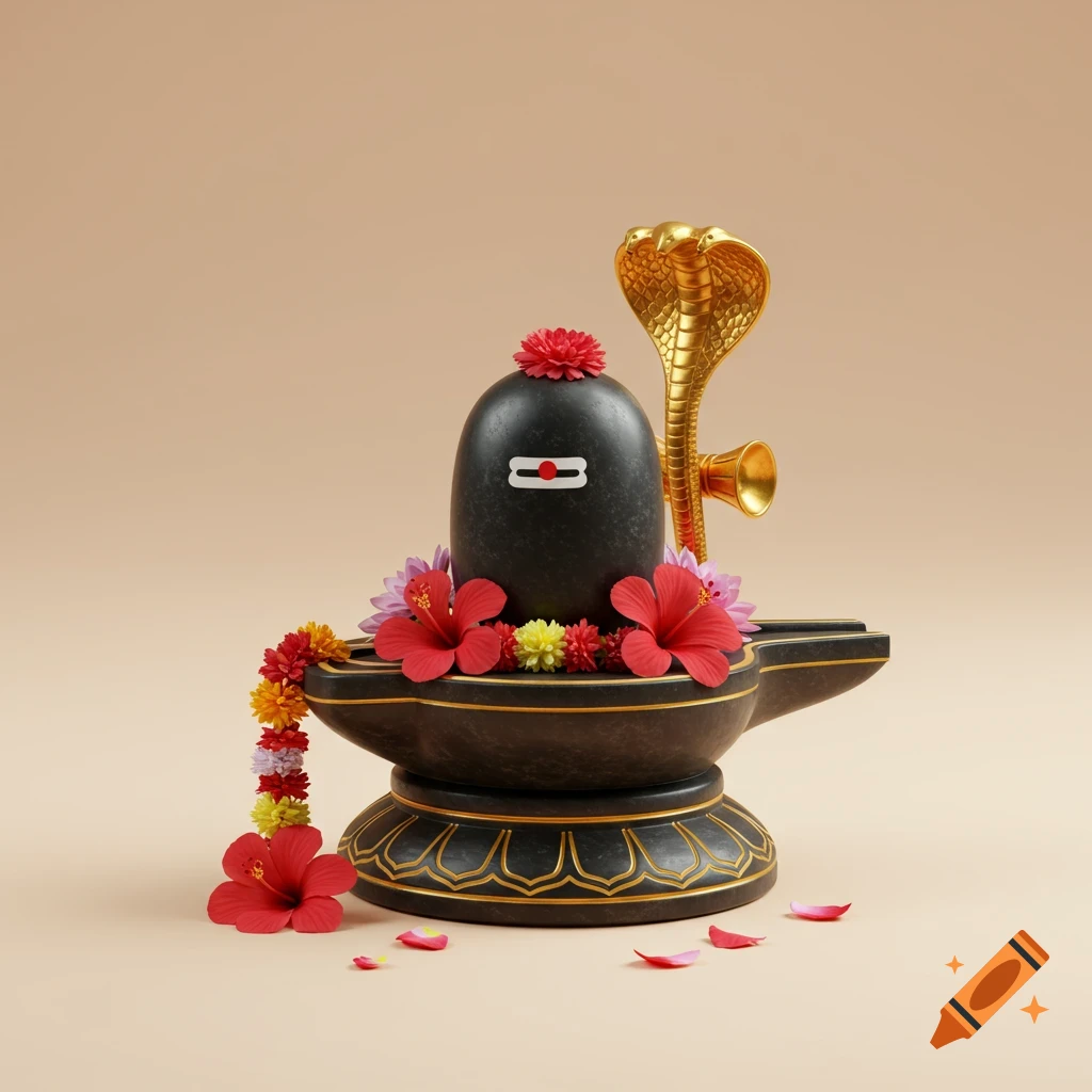 Stylized Shiva Lingam with golden snake, flowers, and base on a peach background