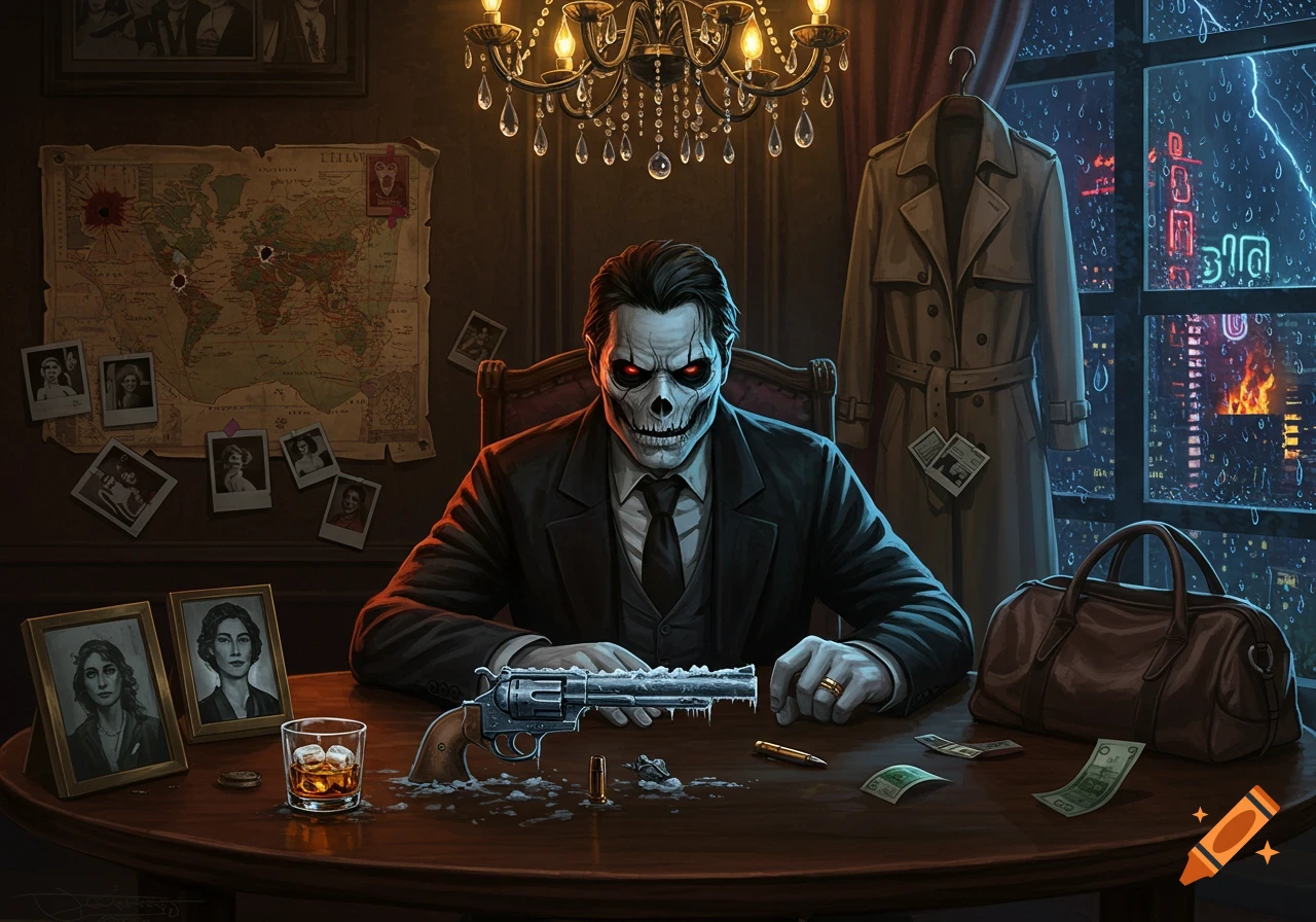 Stylized portrait of a skull-faced figure in a suit, seated at a table with a frozen revolver, map, and whiskey, in a dark, rainy noir setting.
