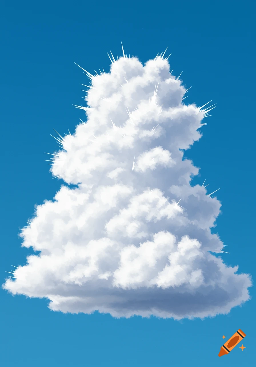 A singular fluffy white cloud with spiky tendrils on top against a blue sky.