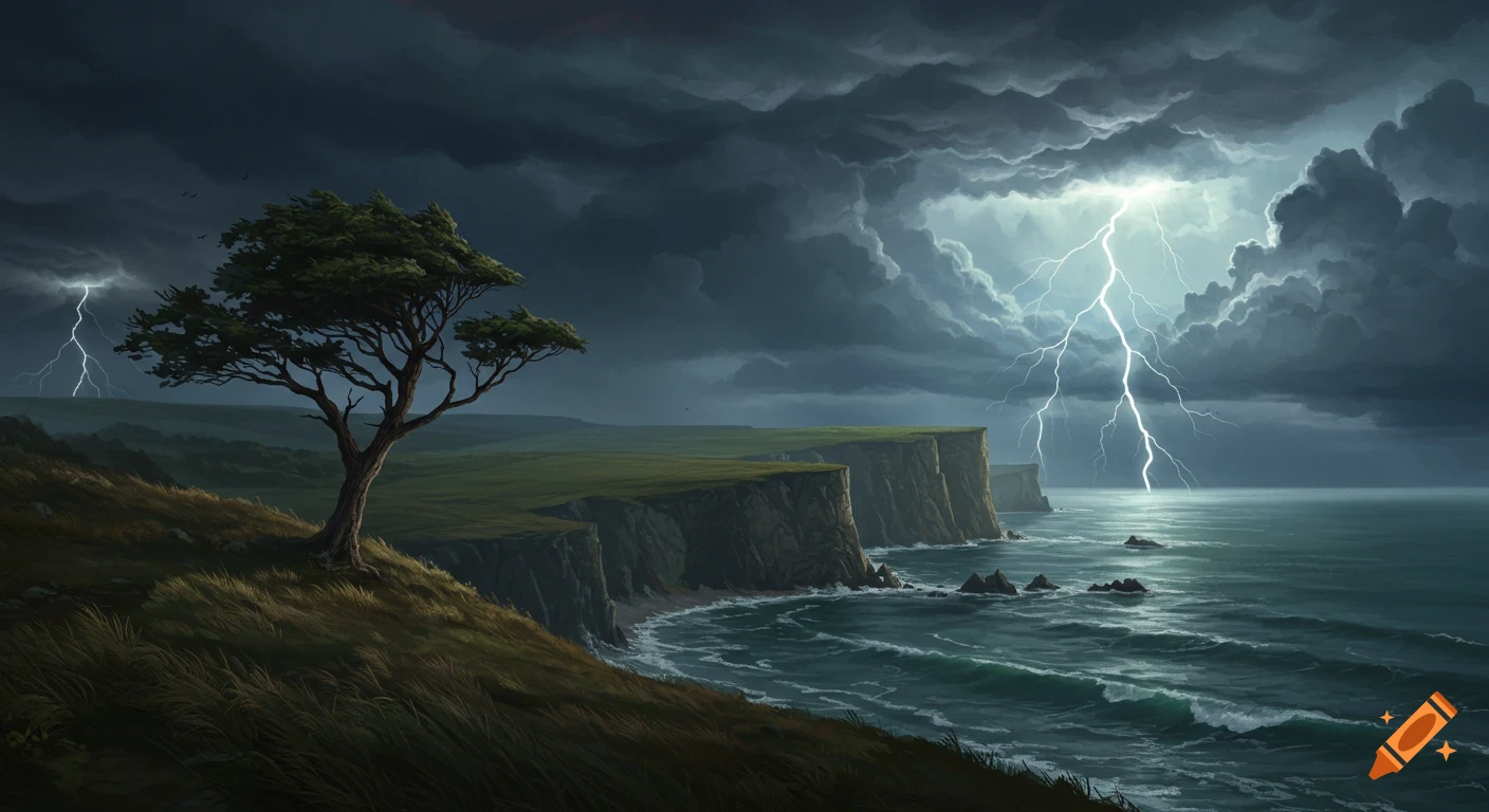 Dramatic painting of a stormy coastal landscape with cliffs, a lone tree, rough sea, and lightning striking.