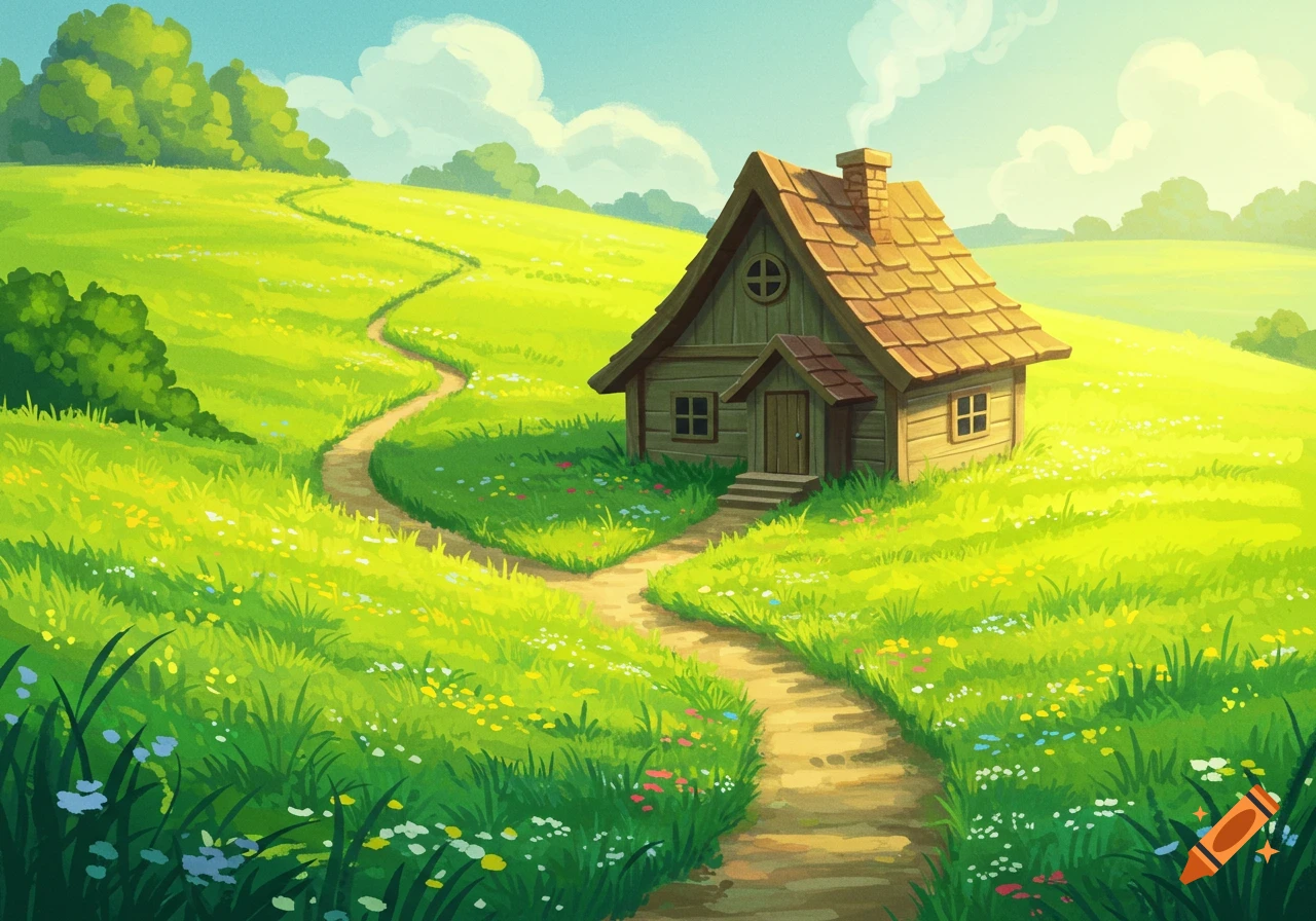 Illustration of a small house in a green meadow with a winding path.