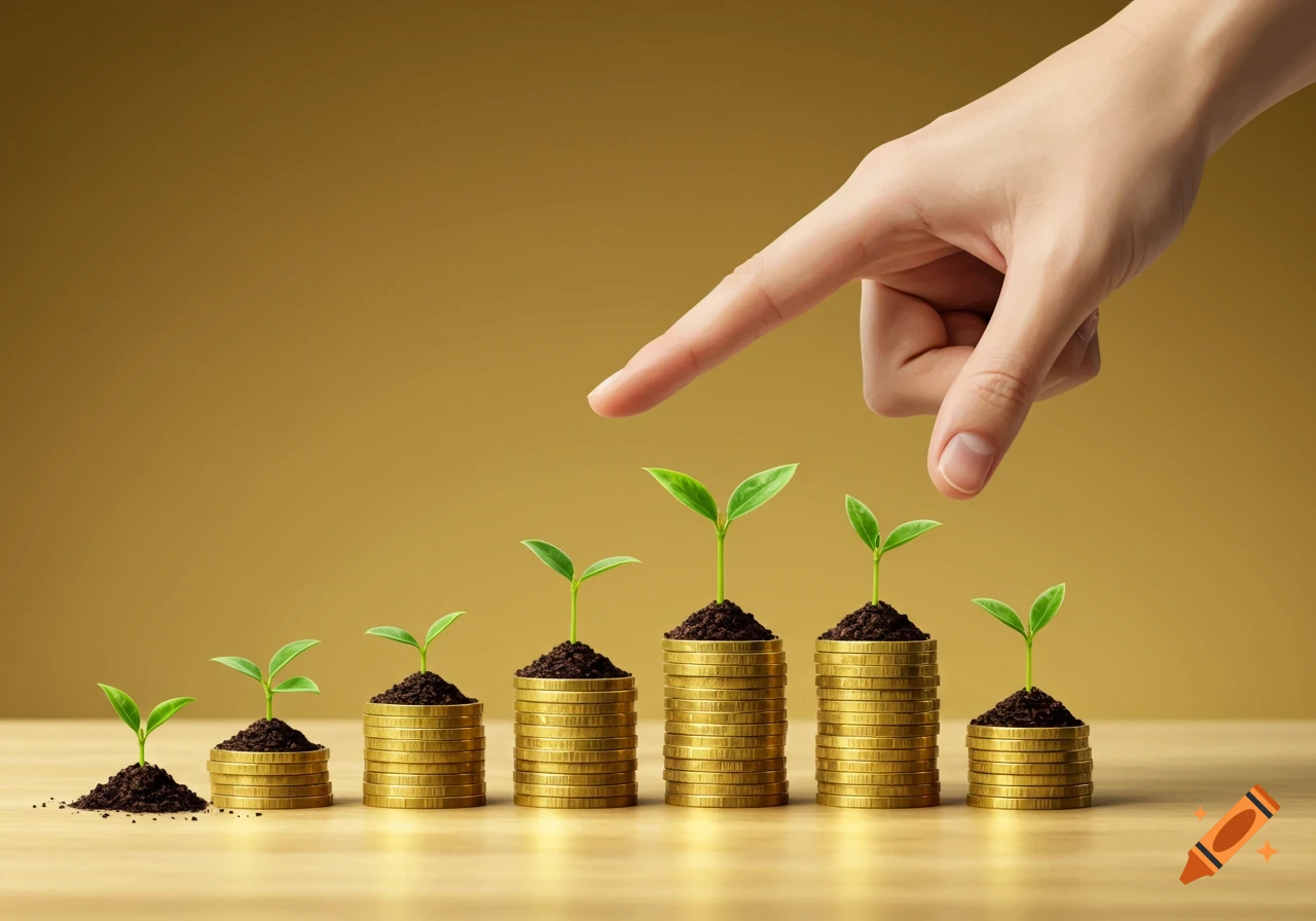 Hand reaching toward plants growing from stacks of gold coins, symbolizing growth.
