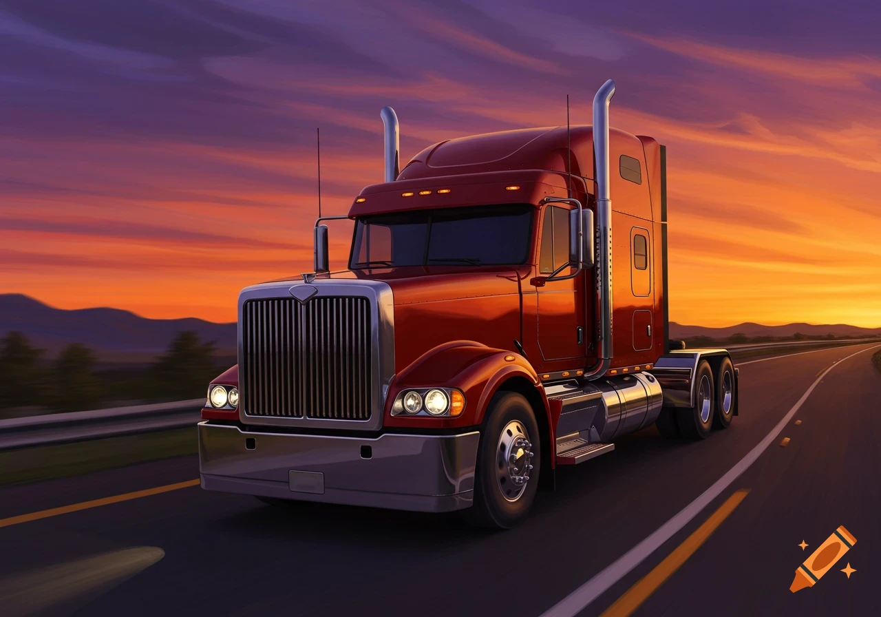 A red semi-truck drives on a highway at sunset.