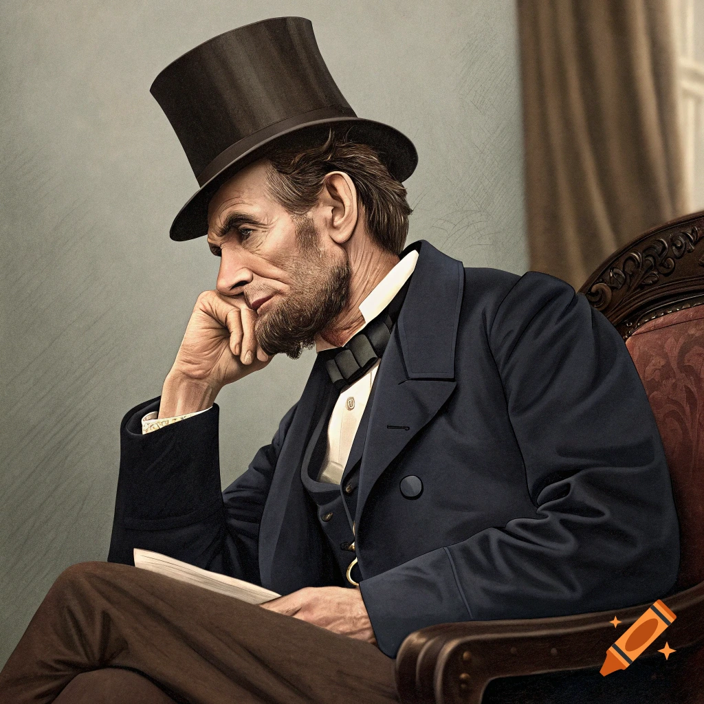 Abraham Lincoln sits in a chair, chin resting on his hand, wearing a suit and top hat, holding a book.