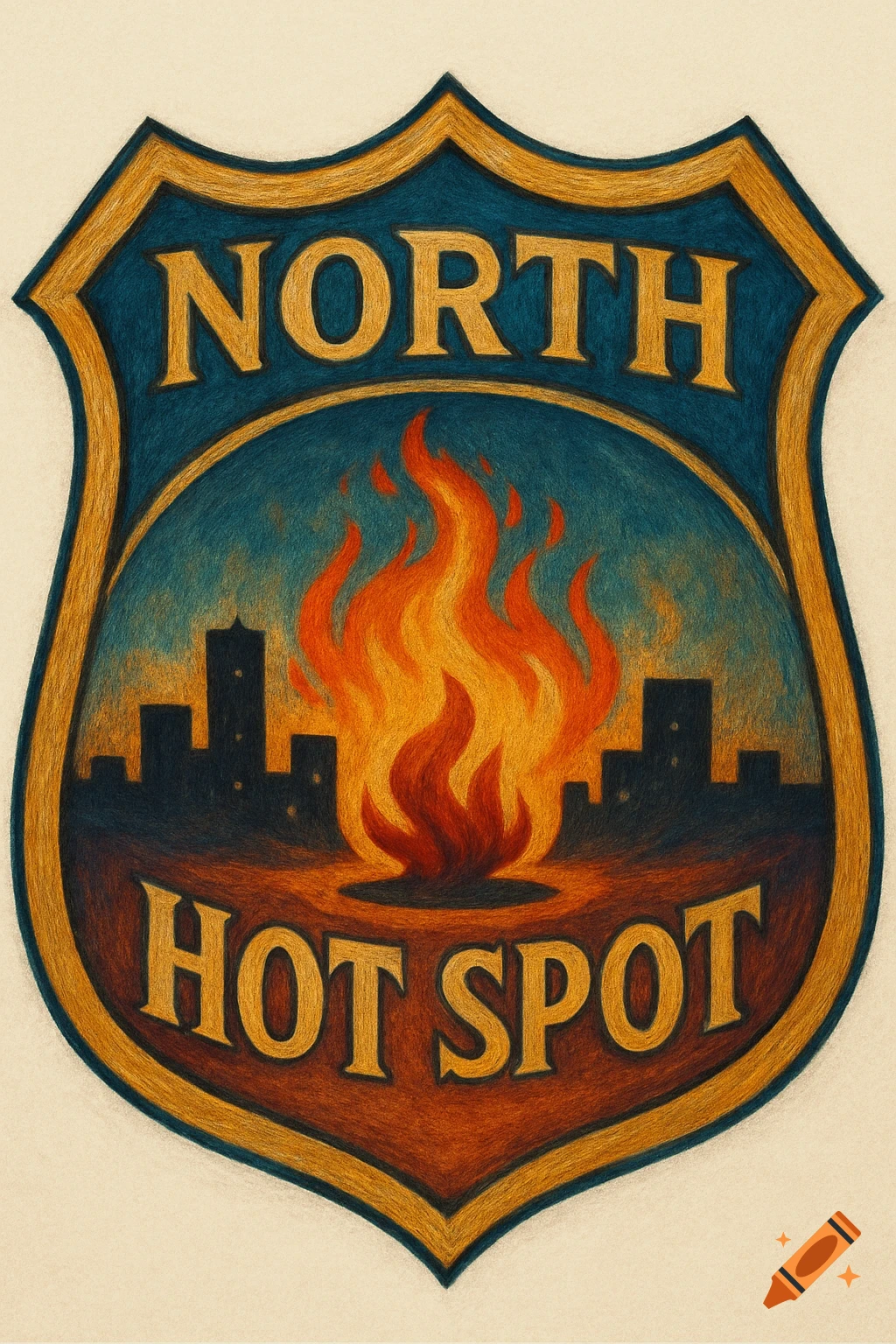 Shield logo with NORTH, HOT SPOT, flames over cityscape silhouette, textured drawing style.