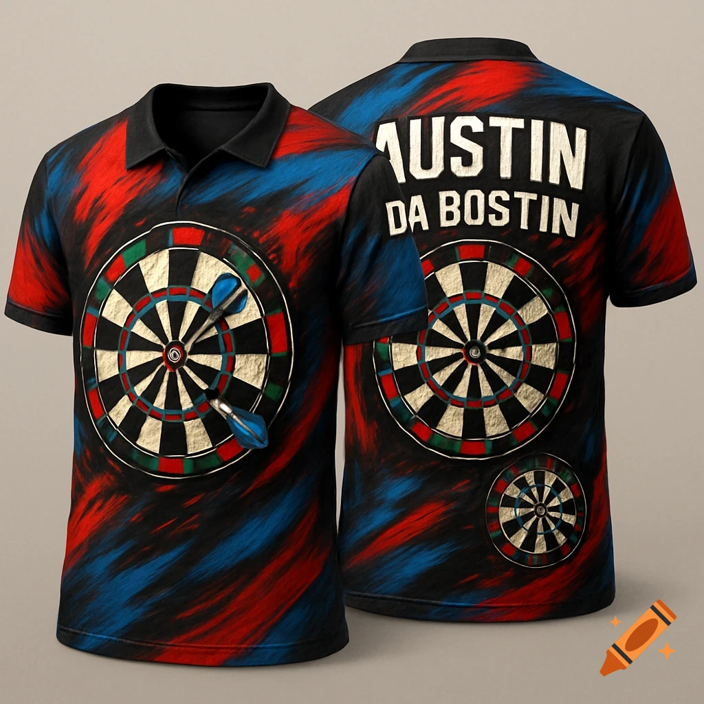 Front and back view of a black t-shirt with red and blue swirls, featuring a dartboard on the front and 'AUSTIN DA BOSTIN' text with dartboards on the back.