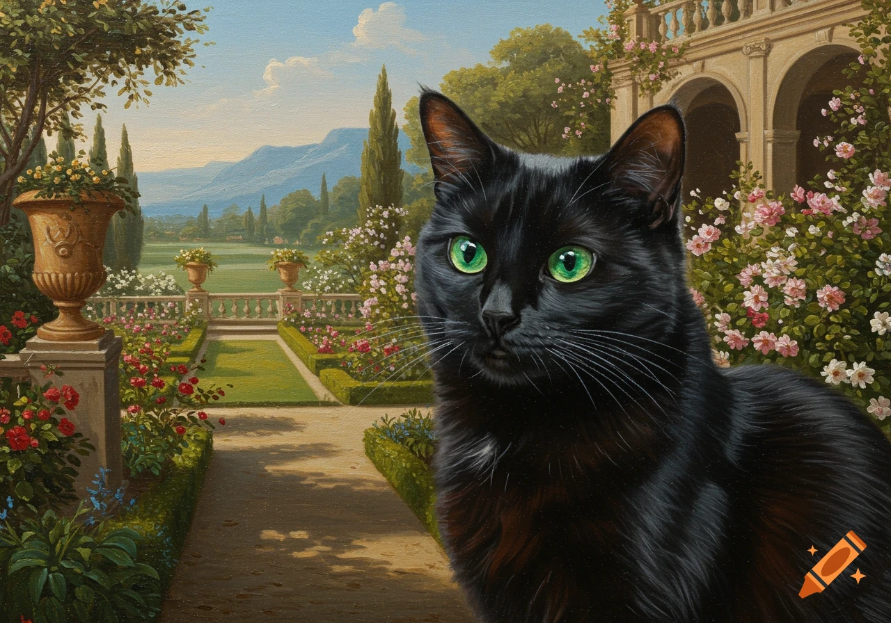 Black cat with green eyes in a formal Renaissance garden painting