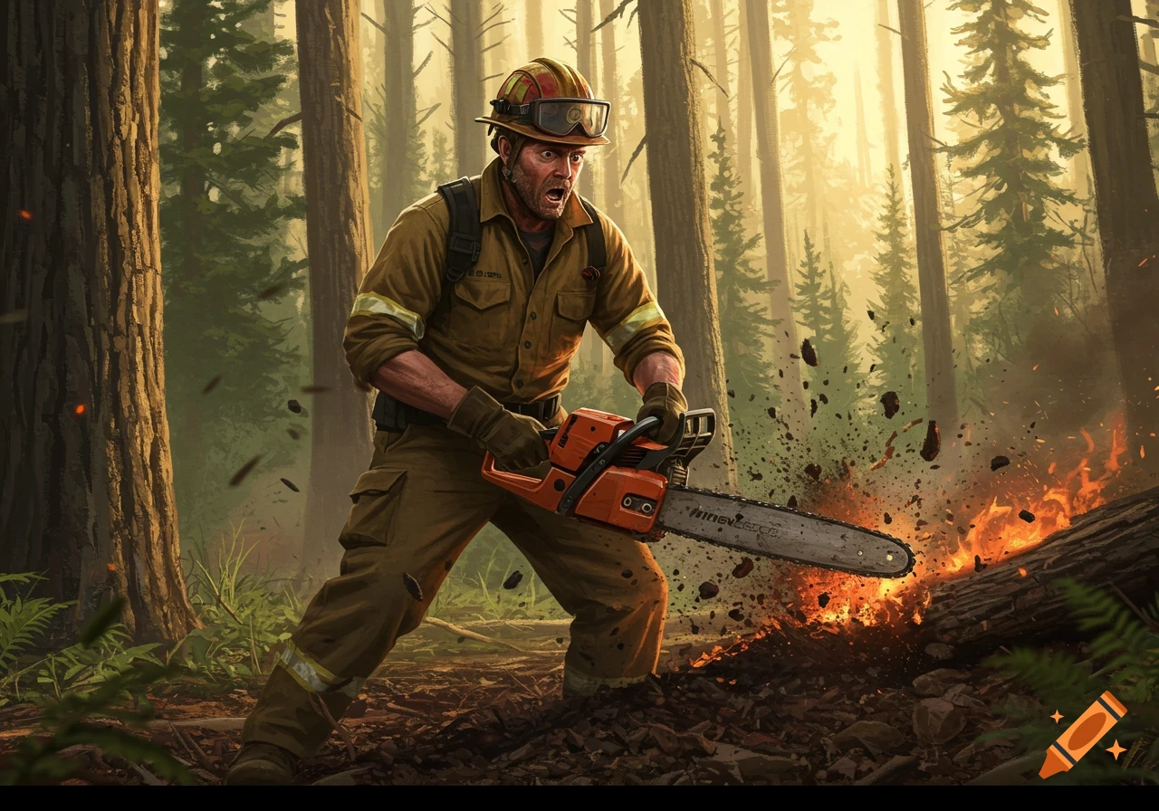 Wildland firefighter looks surprised using a chainsaw near a forest fire.
