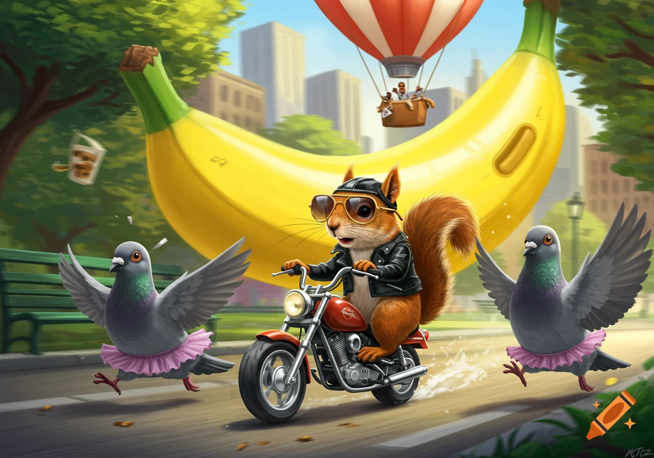 A squirrel in a leather jacket rides a motorcycle past pigeons in tutus, with a giant banana hot air balloon floating behind them.