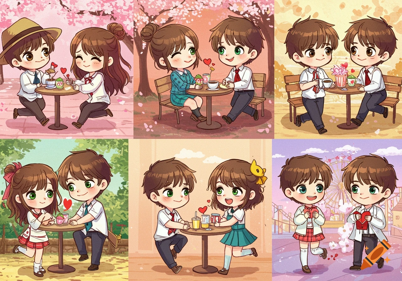 Six panels showing cute chibi anime couples interacting at tables.