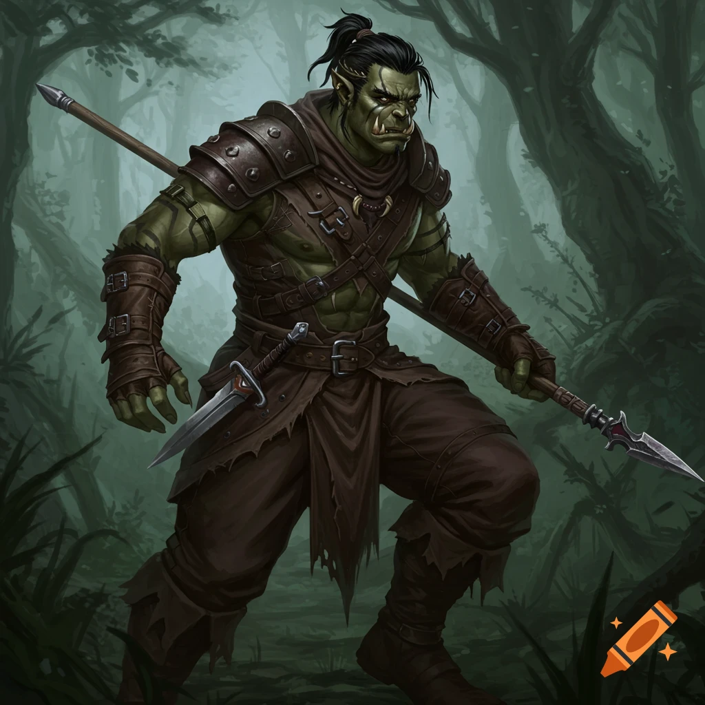 A half-orc male thief in leather armor holds a spear and dagger in a forest.