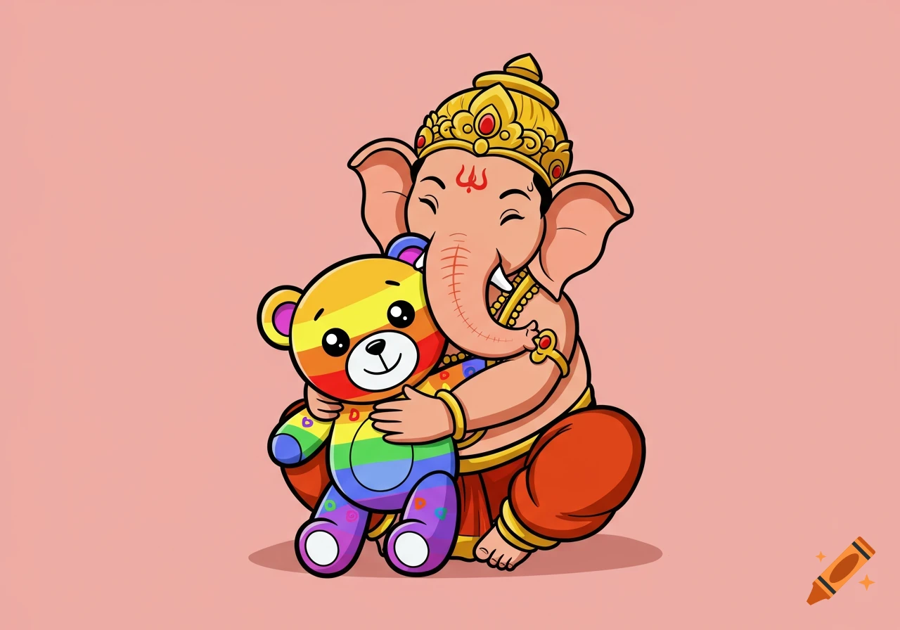 Cartoon Ganesha hugging a rainbow teddy bear.