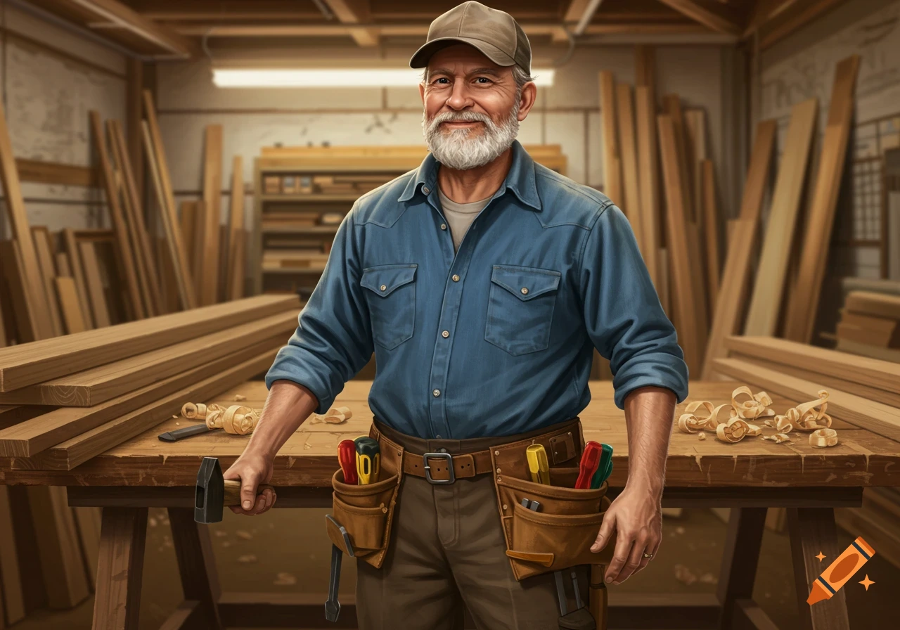 A smiling carpenter wearing a tool belt stands at a workbench in a woodworking shop, holding a hammer.