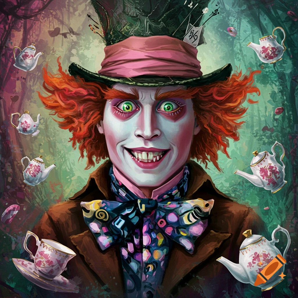 Illustration of the Mad Hatter with wide eyes, orange hair, a hat, and bowtie, surrounded by floating teapots in a forest.