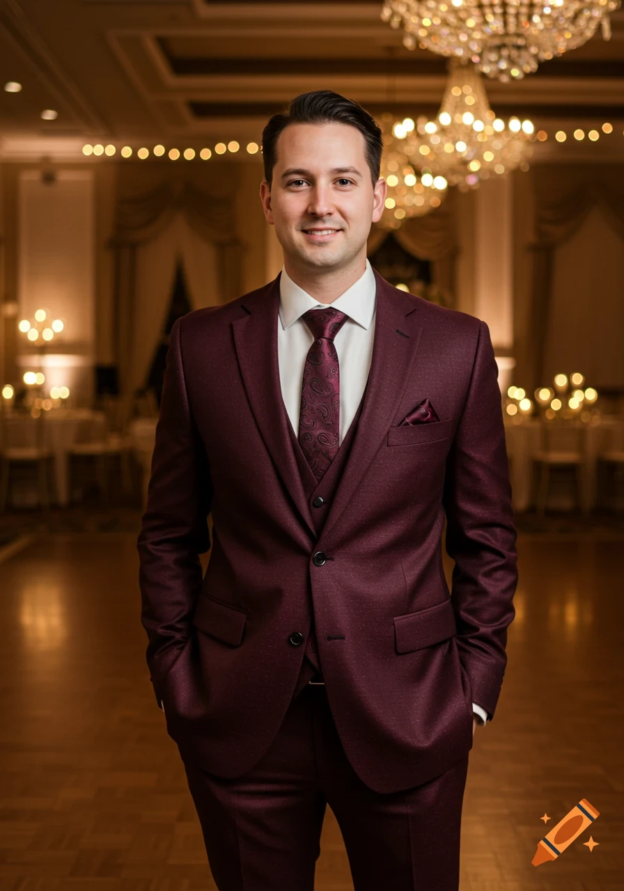 Man in burgundy wedding suit in formal venue