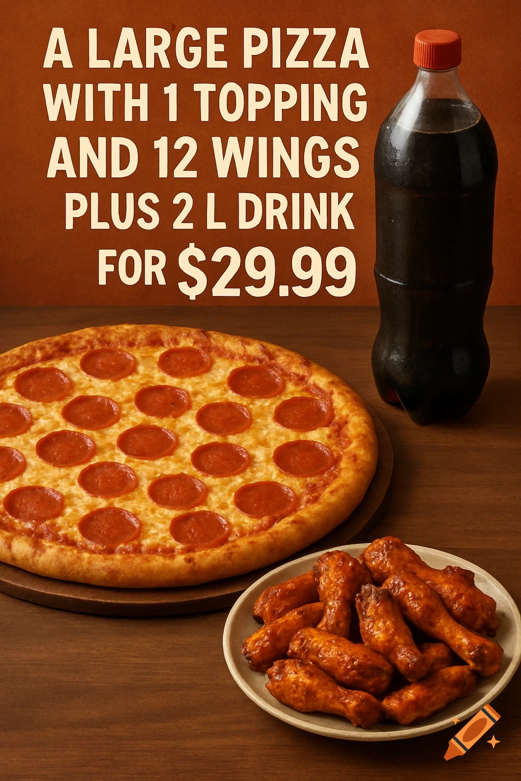 Promotional image with pizza, chicken wings, drink, and text for a food deal. Photorealistic style.