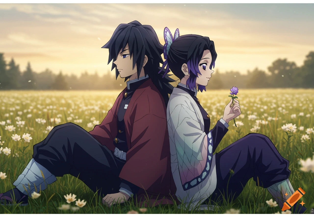 Giyu Tomioka and Shinobu Kocho sit back to back in a sunny field of flowers in anime style