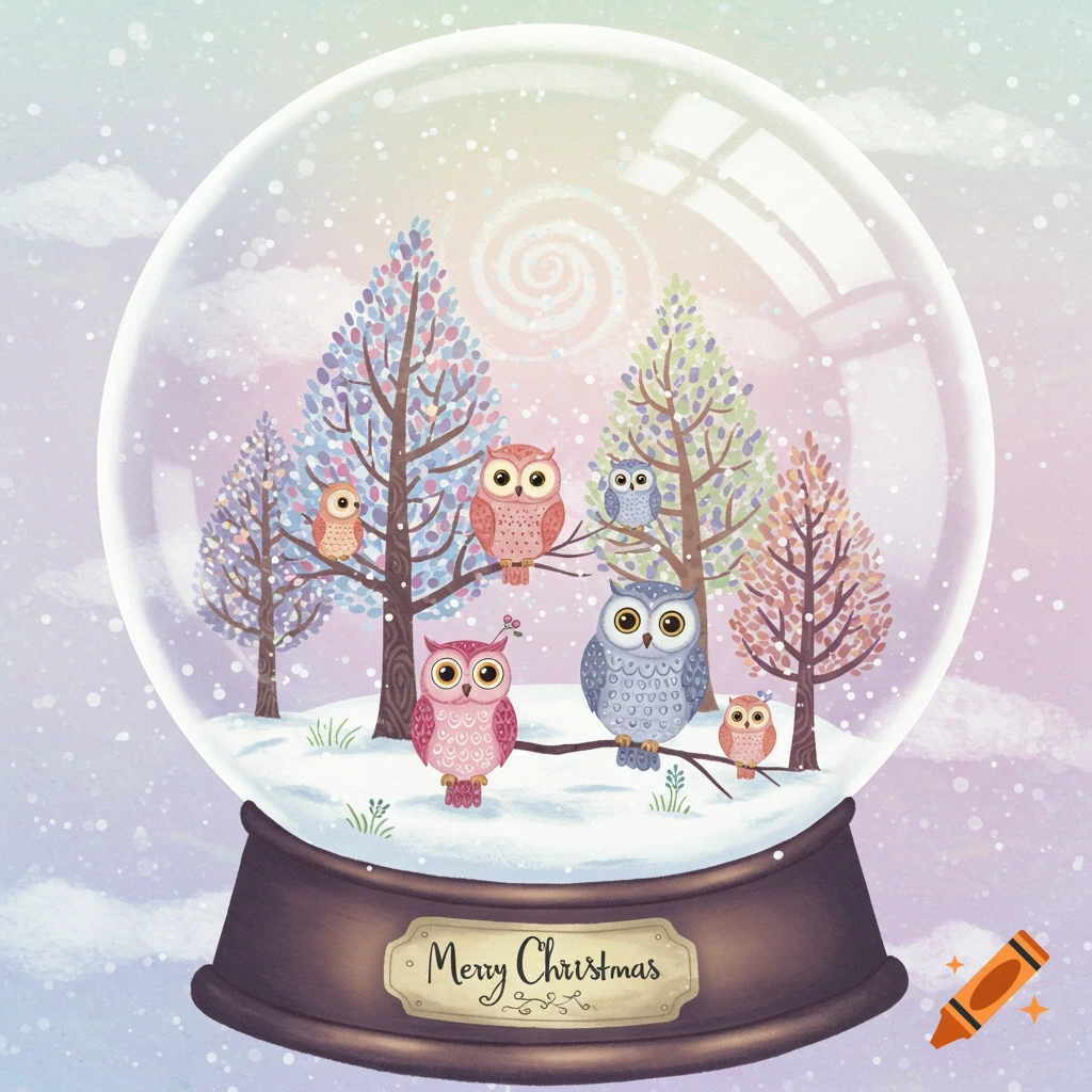 A whimsical illustration of owls perched on branches inside a snow globe with 'Merry Christmas' written on the base.