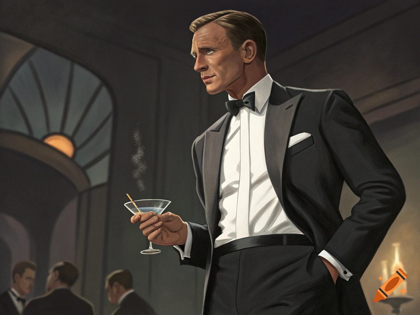 Illustration of a man in a tuxedo holding a martini in a formal setting.