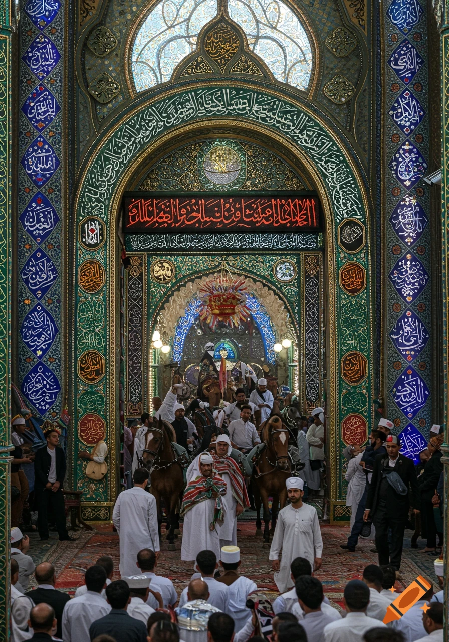 A religious procession with people and horses inside an ornate mosque with intricate calligraphy.