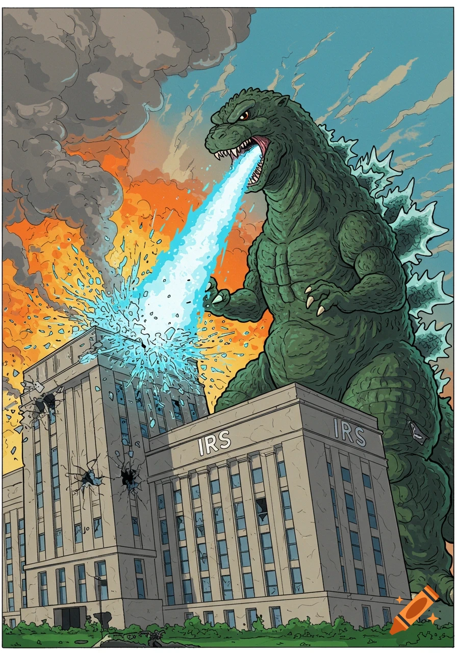 Godzilla attacks an IRS building with its atomic breath in comic book style.