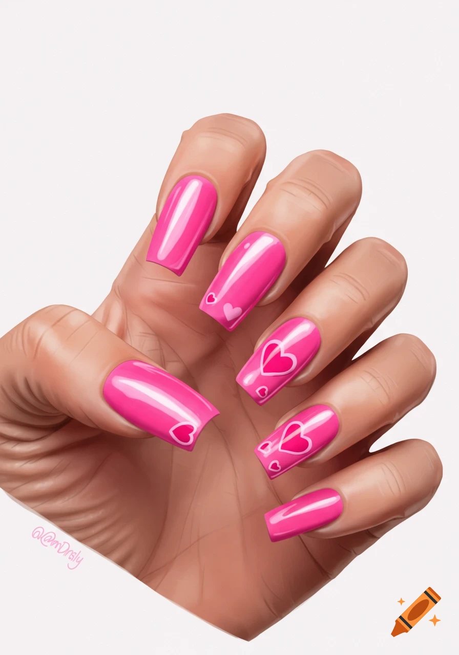 A hand with long pink fingernails decorated with small white hearts.