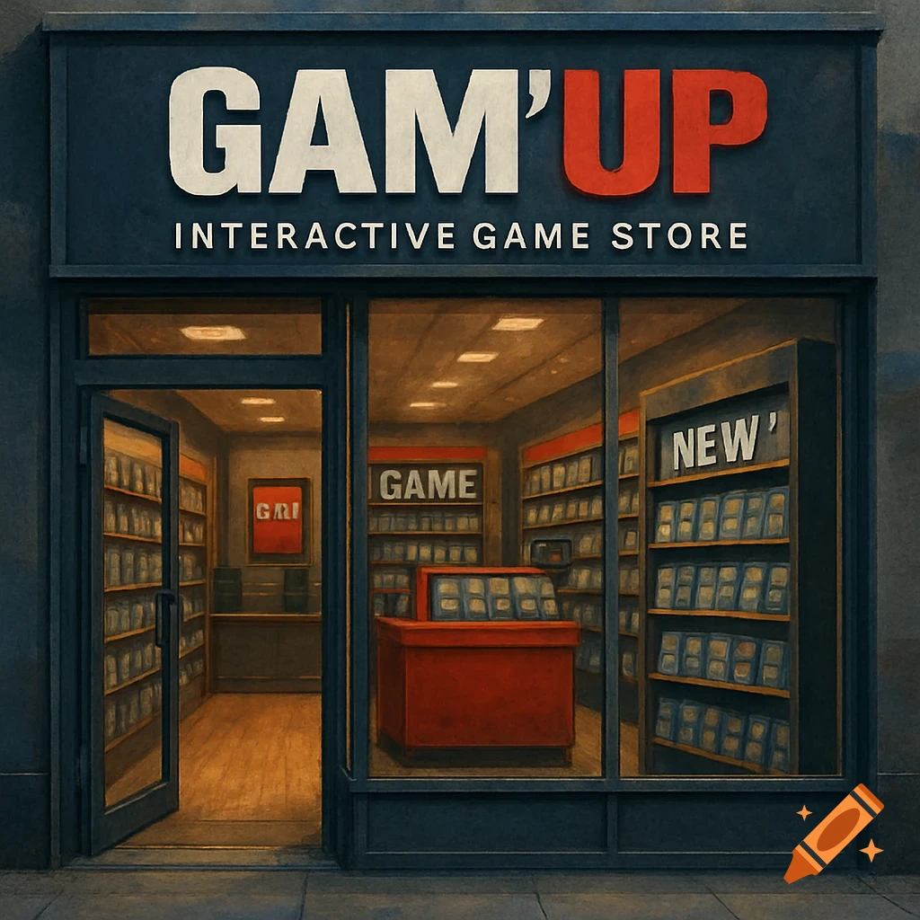 Exterior view of a game store named GAM'UP with a large window showing the interior shelves of games.