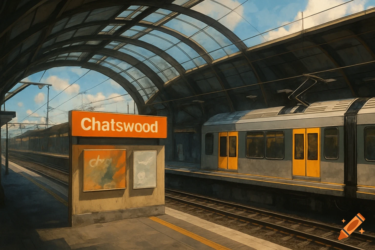 Painterly illustration of Chatswood train station with a train.